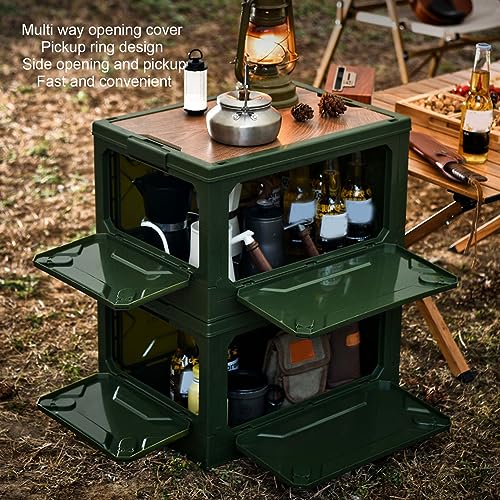Yoidesu Camping Storage Box with Pulley, 5 Sides Opening, Foldable, for Car Outdoor Use (Green)