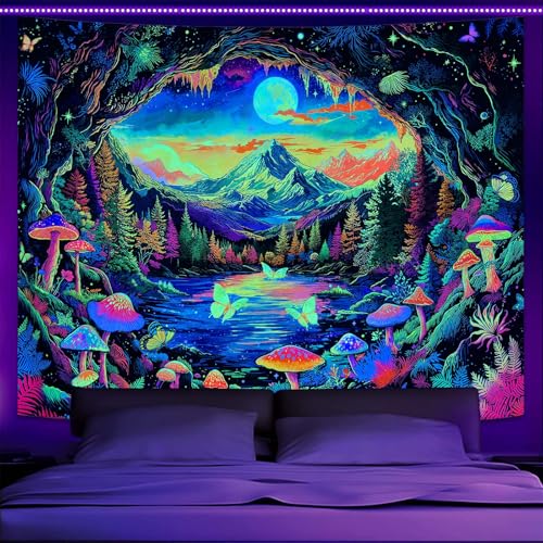 Zussun Blacklight Mushroom Forest Tapestry UV Reactive Nature Mountain Moon Butterfly Tapestry for Bedroom Aesthetic Landscape Samll Tapestries Wall Hanging for Dorm Living Room Decor 48 x 36 Inch - color: Warm Yellow, size: 48"L x 36"W