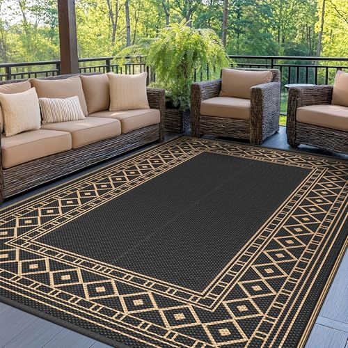 GENIMO Outdoor Rug Waterproof 8'x10' for Patio, Foldable Reversible Plastic Straw Carpet for Travel Trailers, Outside Area Mat for Rv, Deck, Picnic, Porch, Camper, Balcony, Beach, Black & Brown - color: Black & Brown, size: 8' x 10' (Rectangular)