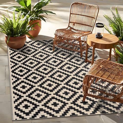 OLANLY Waterproof Outdoor Rug 4x6 ft, Outdoor Plastic Straw Rug for Camping, RV Mat Outside, Outdoor Carpet for Porch, Deck, Backyard, Balcony, Picnic, Black & Beige - color: Black & Beige, size: 4' X 6' (Rectangular)