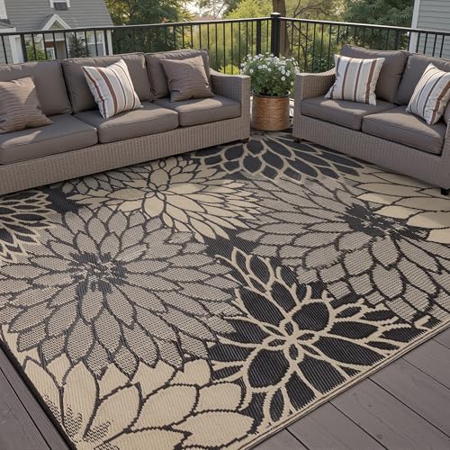 HUGEAR 8'x10' Outdoor Rug Waterproof Plastic Straw Rugs Large Brown Reversible Floral Mat Floor Carpet for Camping RV Deck Entryance Porch Picnic Balcony Beach Backyard - color: Floral/Brown, size: 8' x 10' (Rectangular)