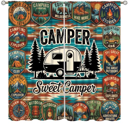 Western Boho Tribal Camp Curtain Vintage Camping Patch RV Rustic Farmhouse Wooden Plank Printed Rod Pocket Window Drapes for Bedroom Living Room Decor 42" W X 45" L - color: Camping-24, size: 20.5"W x 45"L (Pack of 2)