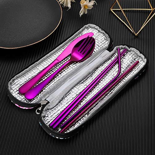 Travel Utensils,Reusable Silverware Set To Go Portable Cutlery Set with a Waterproof Carrying Case for Lunch Boxes Workplace Camping Picnic (Purple) - color: Purple