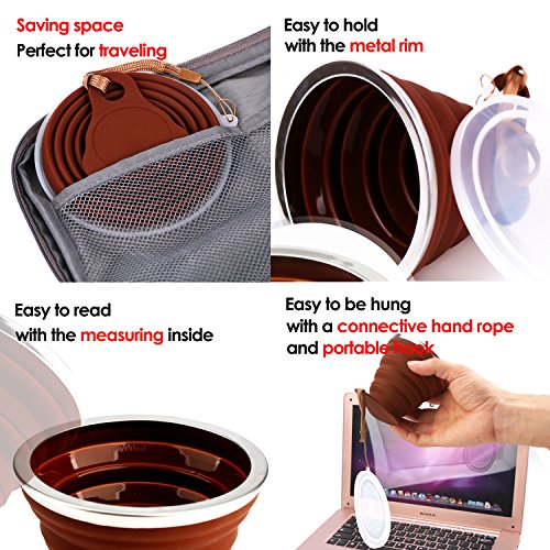 ME.FAN Silicone Collapsible Travel Cup - Silicone Folding Camping Cup with Lids - Expandable Drinking Cup Set - Portable, Graduated [9.22oz] - color: 4 Pack-Orange-Blue-Coffee-Purple