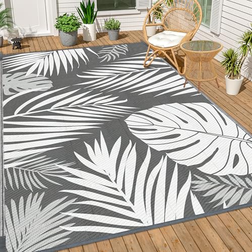 Ogrmar Reversible Mats, Outdoor Rug for Patio, Waterproof Carpet, Plastic Straw Rug for Indoor Outdoor, Floor Mat&Rug for RV Porch Camping Backyard Deck Balcony Beach Trailer (Gray & White, 8 * 10FT) - color: Gray & White, size: 8' x 10' (Rectangular)
