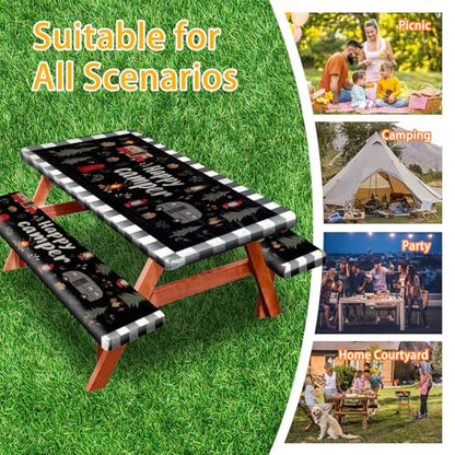 Picnic Table Cover with Bench Covers, Camping Essentials, Fitted Camping Tablecloth with Bag, Waterproof and oilproof with elastic Edge for Indoor Outdoor Patio, 72in (Happy Camper) - color: Happy Camper