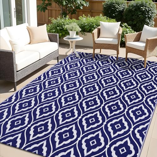 OLANLY Outdoor Rug 6x9 ft Waterproof, Outdoor Plastic Straw Rug with Geometric Pattern Clearance, Reversible RV Mat for Patio, Camping, Balcony, Deck, Backyard, Navy & White - color: Navy Blue & White, size: 6' X 9' (Rectangular)