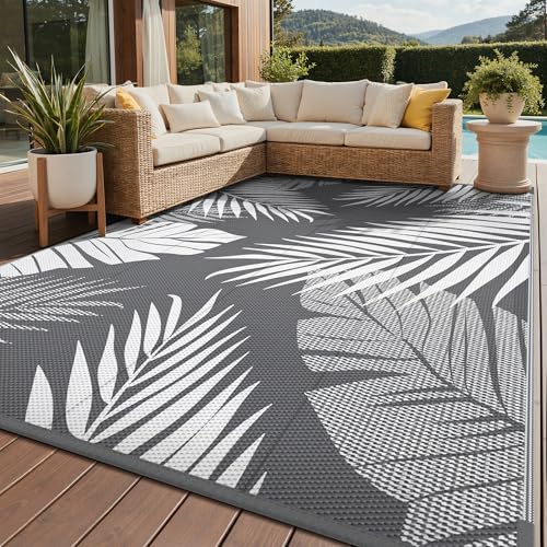 GENIMO Outdoor Rug 8' x 10' Waterproof for Patios Clearance, Reversible Plastic Straw Camping Rug Carpet, Large Area Rugs Mats for RV, Picnic, Backyard, Deck, Balcony, Porch, Beach, Grey&White - color: Grey & White, size: 8' x 10' (Rectangular)