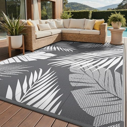 GENIMO Outdoor Rug 9' x 12' Waterproof for Patios Clearance, Reversible Plastic Straw Camping Carpet, Large Area Rugs Mats RV, Picnic, Backyard, Deck, Balcony, Porch, Beach, Grey&White