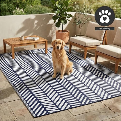 FH Home Outdoor Rug - Waterproof, Fade Resistant, Reversible - Premium Recycled Plastic - Herringbone - Large Patio, Deck, Sunroom, Camping, RV - Fresno - Navy Crease Free - 6 x 9 ft - color: Fresno - Navy, size: 6' x 9' (Rectangular)