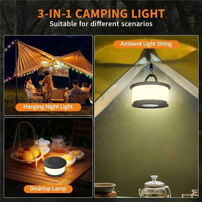 TOHETO Camping String Lights, 3 in 1 Upgraded Retractable RGB Outdoor String Lights with 19 Lighting Modes, Quick 30s Recovery, 32.8 FT Portable Tent Lights, Rechargeable Camping Lantern (Black) - style: Black