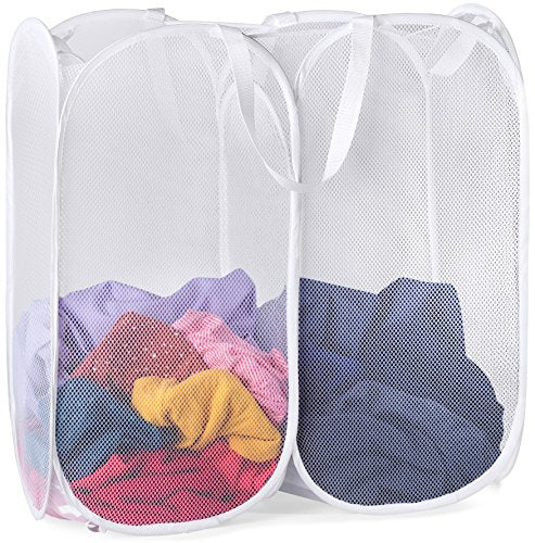 Handy Laundry Mesh Popup Hamper - Two Compartments, Collapsible for Storage and Easy to Open. Folding Pop-Up Clothes are Great for The Kids Room, College Dorm or Travel. (White) - color: White