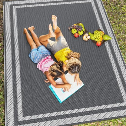 HappyTrends,Outdoor Rug,Patio Rug,Reversible Portable Plastic Straw Rug,Camping Rugs for Outside RV,Large Waterproof Area Rugs for Patio,Deck,Picnic,Porch,Balcony(6'x 9',White&Gray) - size: 6' x 9' (Rectangular)