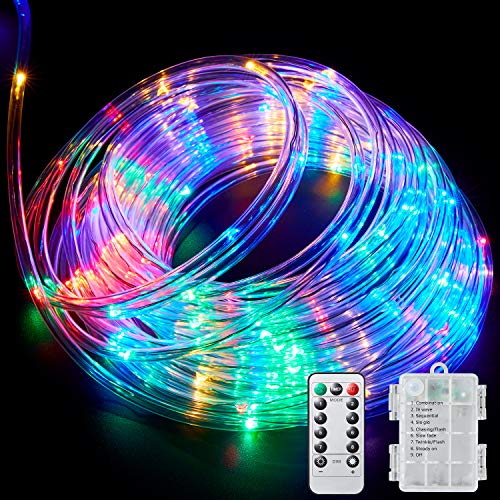 LED Rope Lights Outdoor String Light Battery Powered with Remote Control, 8 Modes Color Changing Waterproof LED Strip Light Fairy Light 40Ft for Christmas Party Camping Decoration, 1 P - color: Multi Color-1P