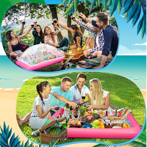 Leitee 5 Pcs Inflatable Serving Bar Kit Includes Salad Buffet Tray with Drain Plug Mesh Food Cover Food Drink Containers and Inflator for Ice Supplies Summer Party Camping Picnic(Pink) - color: Pink