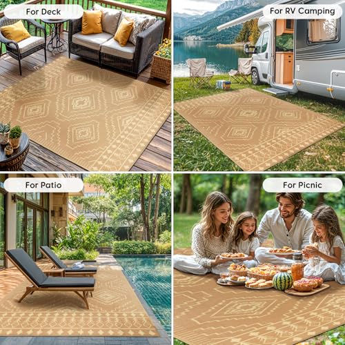 LBRO2M Plastic Straw Outdoor Rug Waterproof Rugs 8X10 UV Resistant Moroccan Geometric Reversible RV Rug for Outside Camping Rugs for Patio, Picnic, Beach (8X10, Brown)