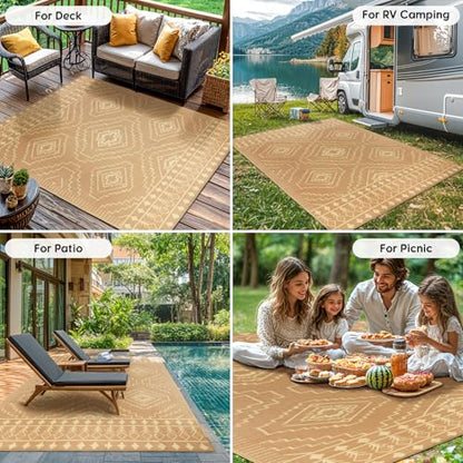 LBRO2M Plastic Straw Outdoor Rug Waterproof Rugs 8X10 UV Resistant Moroccan Geometric Reversible RV Rug for Outside Camping Rugs for Patio, Picnic, Beach (8X10, Brown)