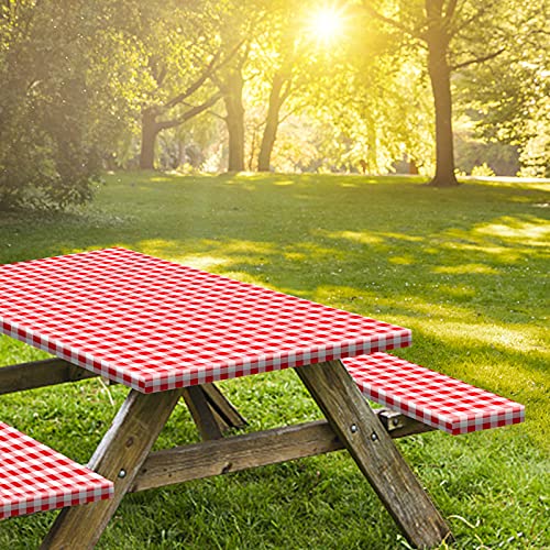 8ft Picnic Table and Bench Cover, Camping Essentials RV Gear, 96 in Waterproof Windproof Outdoor Elastic All Around Tablecloth, Fitted Rectangle Tables and Seats, Red-White Checkered - color: Red-white Checkered, size: 96"