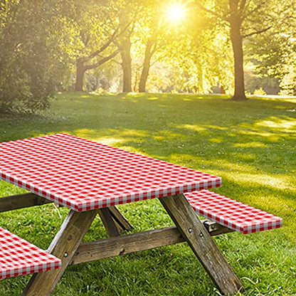 8ft Picnic Table and Bench Cover, Camping Essentials RV Gear, 96 in Waterproof Windproof Outdoor Elastic All Around Tablecloth, Fitted Rectangle Tables and Seats, Red-White Checkered - color: Red-white Checkered, size: 96"
