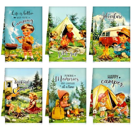 FuWeave 6 Pcs Vintage Camping Kitchen Towels Retro Happy Camper Dish Towels Funny Hand Towels Absorbent Camping Decor Drying Tea Towel Bathroom Housewarming Gifts for Camper Camping Rv Accessories - color: Green, style: Camping