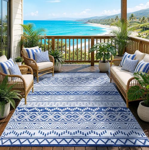 Blue Outdoor Rug Waterproof 5 x 8 ft, Reversible Plastic Straw Rug for Patio, Large Outdoor Carpet for RV, Patio, Camping, Backyard, Deck, Picnic, Beach, Navy & White - color: Navy/White, size: 5'x8'