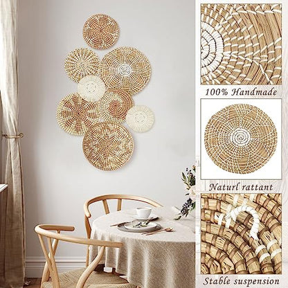 Xuhal 8 Pcs Boho Wall Basket Decor Decorative Bulrush Woven Basket Wall Decor Rustic Farmhouse Hanging Baskets for Kitchen Rustic Home Summer Decorations(Classic) - style: Classic