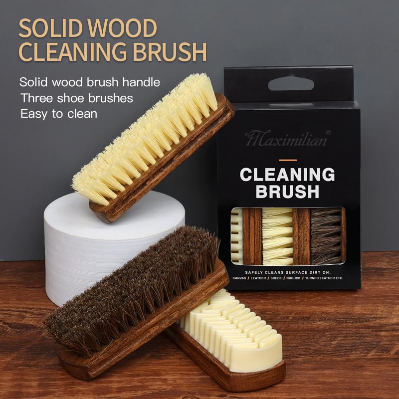 MAXIMILIAN Shoe Shine Brush Kit 3Pcs Solid Wood Horsehair Brushes for Polishing Crepe Suede Shoes Brush Soft Bristles Leather&Nubuck Cleaning kit Remove Stains Remove Spots Restore Suede