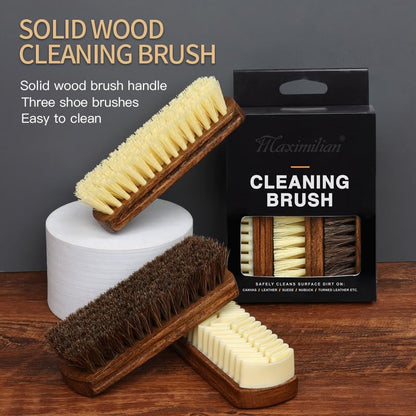 MAXIMILIAN Shoe Shine Brush Kit 3Pcs Solid Wood Horsehair Brushes for Polishing Crepe Suede Shoes Brush Soft Bristles Leather&Nubuck Cleaning kit Remove Stains Remove Spots Restore Suede
