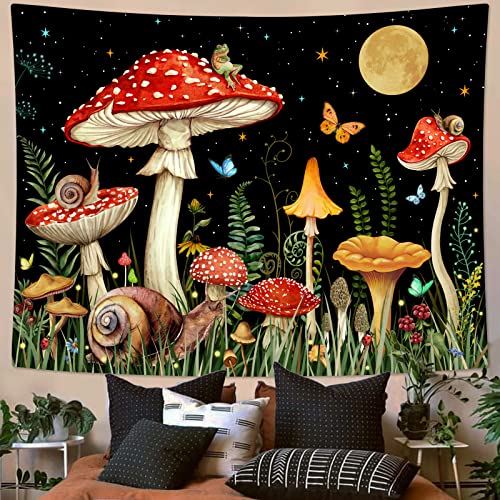 Zussun Red Mushroom Tapestry Moon Star Tapestries for Bedroom Aesthetic Starry Night Green Plant Tapastrys Wall Hanging Butterfly Snail Frog Wall Tapestry for Living Room Dorm (Black, 90" x 68") - color: Black, size: 90"L x 68"W