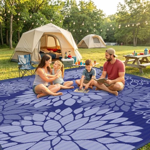 Mattitude Outdoor Rug 8' x 10' Waterproof, Reversible Portable Plastic Straw Area Rugs, Patio Carpet for RV Camping, Porch, Deck, Backyard, Camper, Pool, Picnic, Blue & White - size: 8' x 10' (Rectangular)