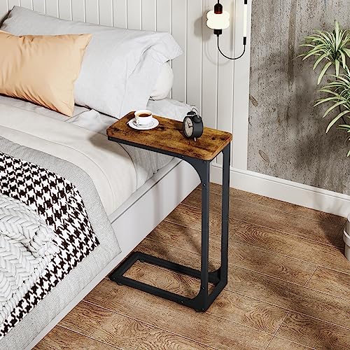 QEEIG Narrow C Shaped Side Table Set of 2 Living Room Sets Slim Couch Tray Tables Skinny Thin Small Farmhouse 7 inch Width, Rustic Brown (017-18BN) - color: A. Brown, size: 7.1" Width