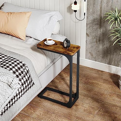QEEIG Narrow C Shaped Side Table Set of 2 Living Room Sets Slim Couch Tray Tables Skinny Thin Small Farmhouse 7 inch Width, Rustic Brown (017-18BN) - color: A. Brown, size: 7.1" Width
