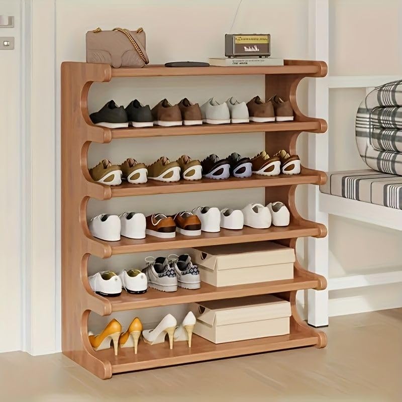 5/6 Layer Wood Grain Shoe Rack Free Standing Space Saving Multi Layer Storage Organizer Easy Assemble Self Supporting Shoe Storage Shelf for Closet Bedroom Entryway - size: 5th floor