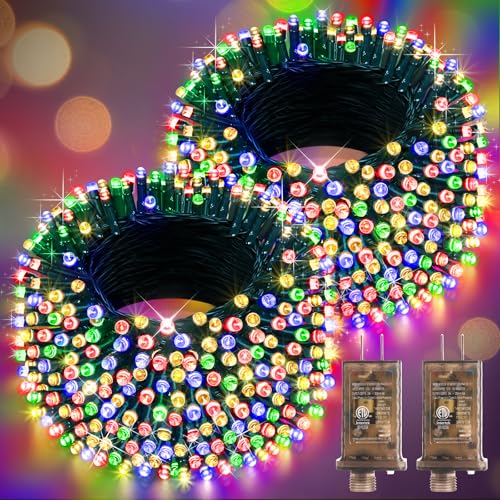 Hezbjiti 2 Pack 1000 LED 403 FT Christmas String Lights Outdoor, 8 Lighting Modes IP44 Waterproof Fairy Lights with Timer and Dimmable Function for Party Tree Decorations (Multicolor, Green Wire) - color: Multicolor, size: 1000LED 403FT Green Wire (2 PACK