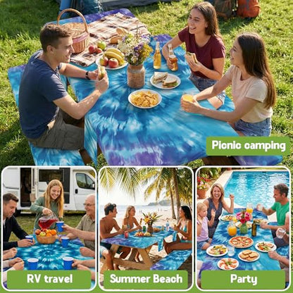 Fitted Picnic Table Cover with Bench Covers Vinyl Waterproof Elastic Edges Fitted Rectangle Table Cloth Patio Tablecloth Camping Gear Essentials Rv Accessories Road Trip Supplies Car Travel Must Have - color: Blue Purple Tie-dye, size: 72in