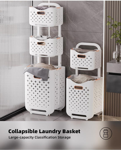 Collapsible Laundry Basket Organizer, 2-Tier Foldable Laundry Sorter with Wheels & Wall Mount, Space-Saving Slim Laundry Hamper with Removable Bins, 80L Capacity for Bathroom, Dorm & Small Spaces - size: 2-Tier