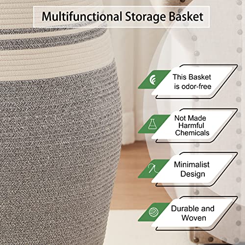 OIAHOMY Laundry Hamper Woven Cotton Rope Large Clothes Hamper 25.6" Height Modern Curve Basket with Extended Cotton Handles for Storage Clothes Toys in Bedroom, Bathroom, Foldable (White & light grey) - color: White & light grey