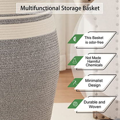 OIAHOMY Laundry Hamper Woven Cotton Rope Large Clothes Hamper 25.6" Height Modern Curve Basket with Extended Cotton Handles for Storage Clothes Toys in Bedroom, Bathroom, Foldable (White & light grey) - color: White & light grey