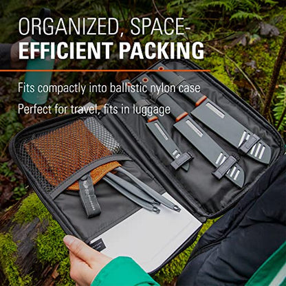 GSI Outdoors Santoku Knife Set, Compact 6-Piece Camping Chef Knife Kit with Cutting Board, Sheaths, Soap Bottle & Travel Case