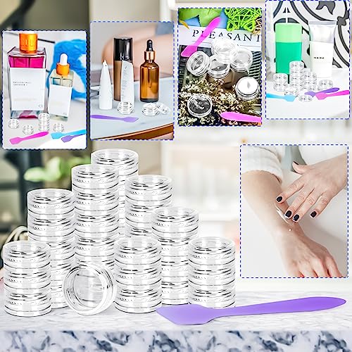 100 Pcs 3g Empty Plastic Containers with Lids,Tiny Makeup Sample Containers Small Pot Jars Clear Round Cosmetic Jars with 20 Pcs Mini Spatulas for Liquid Sample Powder Creams (Clear Lid) - color: Clear, size: 100PCS