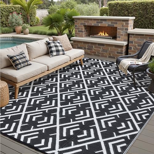 HUGEAR RV Outdoor Rug Waterproof Mat Outdoor Rugs 9'x12' for Patios Clearance Carpet Outdoor Camping Rugs Large Plastic Straw Rug(8x10ft Geometric Black&White) - color: Boho/Black&white, size: 8' x 10' (Rectangular)