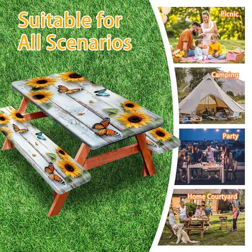 Picnic Table Cover with Bench Covers 72IN 6FT, Camping Essentials Tablecloth Waterproof Oilproof with elastic Edge for Indoor Outdoor Patio (Sunflower Wood Grain) - color: Wood Grain Butterfly