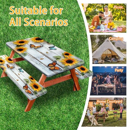 Picnic Table Cover with Bench Covers 72IN 6FT, Camping Essentials Tablecloth Waterproof Oilproof with elastic Edge for Indoor Outdoor Patio (Sunflower Wood Grain) - color: Wood Grain Butterfly