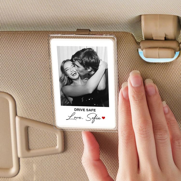 Gossby Custom Couple Photo Car Visor Clip - Drive Safe Love Black White | Personalized Black White Couple Photo Clip, Custom Monochrome Visor Accessory - color: Custom Text