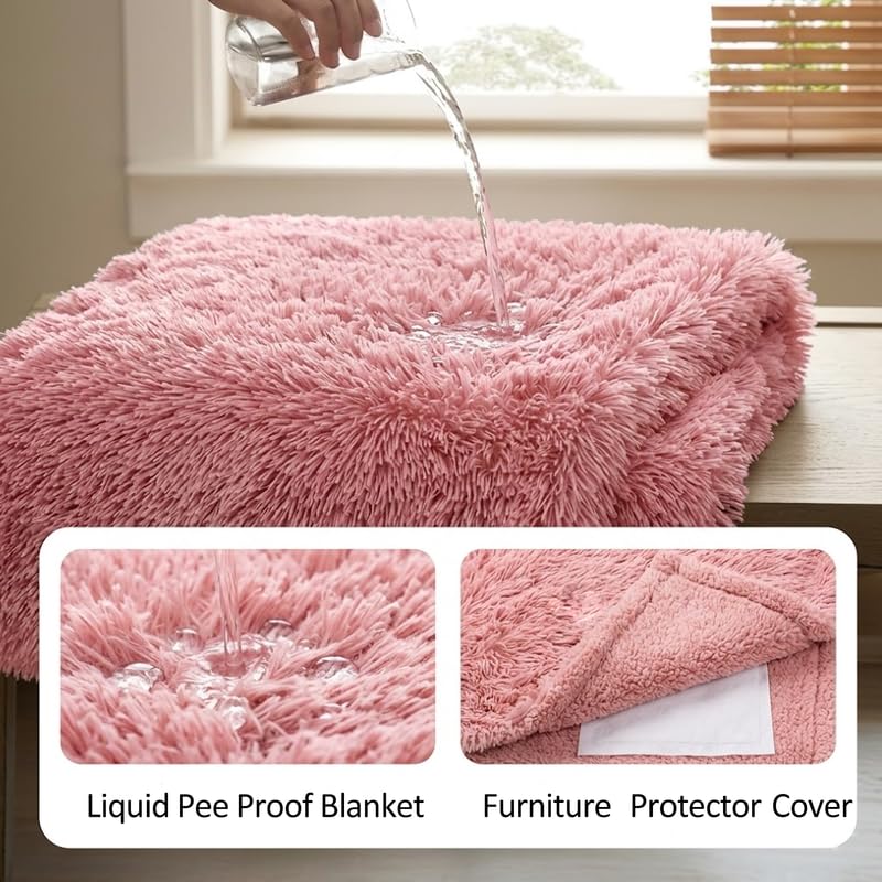Pink Waterproof Calming Dog Blanket Reversible Faux Fur Sherpa Blankets for Couch Covers Fuzzy Pet Bed Cover Sofa Furnitures Protective(Pink,L-65x57in) - color: Pink, size: L-65x57in