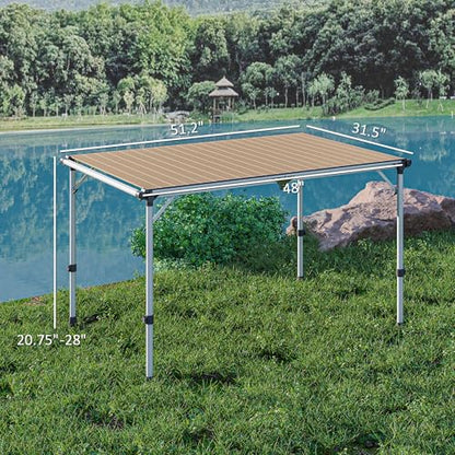 Outsunny Folding Camping Table, Adjustable Height Aluminum Table, Portable Camping Table for Picnic, Beach, BBQ, Light Brown