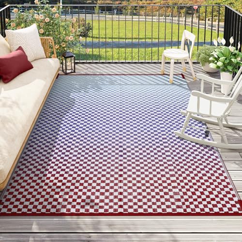 Wonnitar 8x10 Waterproof Outdoor Rug - Blue Purple Ombre Checkered Patio Rugs, Lightweight Reversible Mat for Deck Porch RV Picnic, Large Camping Carpet with Colorful Grid Design - color: Blue-purple, size: 8' x 10' (Rectangular)