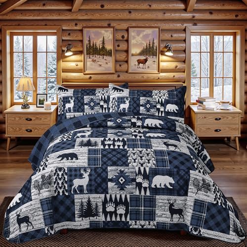 3 Piece Cabin King Size Quilt Sets Farmhouse Rustic Reversible Microfiber Soft Lightweight Bedspread Comforter with 2 Shams Patchwork Country Lodge Bedding Quilts Set for All Season, 106''x96'', Blue - color: Bear Blue, size: King