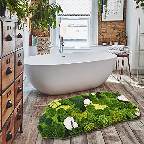 Hifuwan Cute Green Moss Bathroom Runner Rug Long Rectangular Boho Aesthetic Leaf Leaves Bath Mat Shaggy Non Slip Absorbent Shower Mat Decor - size: 1'8" x 3'7" (Rectangular)