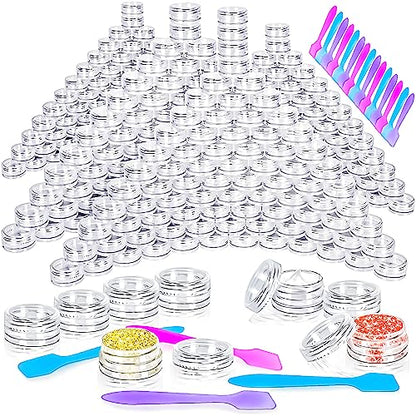 100 Pcs 3g Empty Plastic Containers with Lids,Tiny Makeup Sample Containers Small Pot Jars Clear Round Cosmetic Jars with 20 Pcs Mini Spatulas for Liquid Sample Powder Creams (Clear Lid) - color: Clear, size: 100PCS